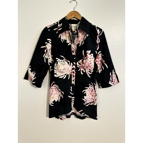 Soft Surroundings Petite Medium Black Top Button Up 3/4 Sleeve Pink Floral Print - Picture 4 of 9